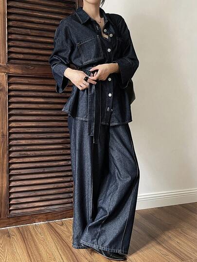 DAZY Autumn/Winter New Loose Casual Vintage Distressed Old Coin Design Women Denim Set Lounge Sets For Women