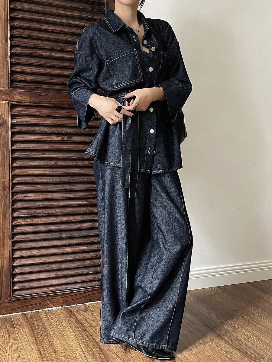 Livesso Women's Cotton Turn-Down Collar Long Sleeve Navy Blue Button-Up Denim Shirt With Wide Leg Pants Outfit Autumn Everyday Casual Streetwear - Navy Blue - View 1