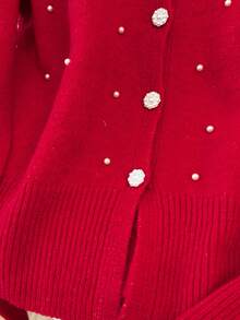 Franclia Elegant Loose Fit Round Neck Long Sleeve Knitted Pearl Beaded Design Pearl Button Front Cardigan For Women, Autumn/Winter Christmas