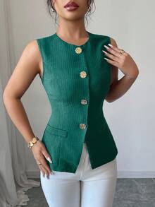 Selianne Fashionable Sleeveless Waist Cinched Black Jacket With Gold Button Decor, Versatile For Daily Wear, Spring/Summer - Dark Green - View 5