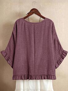 SHEIN LUNE Plus Size Solid Color Round Neck Ruffle Casual Pullover Shirt - Dusty Pink - View 2