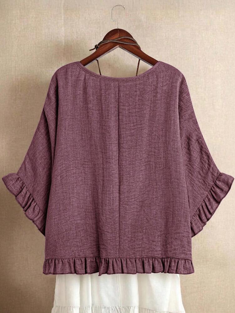 SHEIN LUNE Plus Size Solid Color Round Neck Ruffle Casual Pullover Shirt - Dusty Pink - View 2