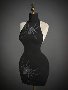 SHEIN ICON 女式万圣节蜘蛛水晶装饰黑色立领露背紧身迷你连衣裙 - 黑色 - 查看 3