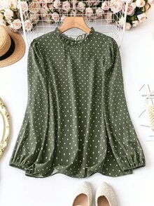 Áo kiểu thời trang tay dài cổ bèo nhún in chấm bi dành cho nữ cỡ lớn - màu xanh lá - Xem 1