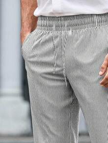 HIMLAND Men's Casual Woven Striped Mid-Waist Drawstring Straight Leg Pants, Suitable For Daily Wear, For Fall, Old Money