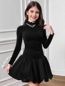 青少年女孩优雅街头风格高领修身褶饰长袖针织拼布纯色灯笼下摆连衣裙，可爱俏皮，适合万圣节派对、圣诞节，适合居家、郊游、节日、上学，黑色 - 黑色 - 查看 10