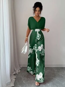 Elenzga Women's V-Neck Loose Pleated Waist Print Long Jumpsuit - Green - View 5
