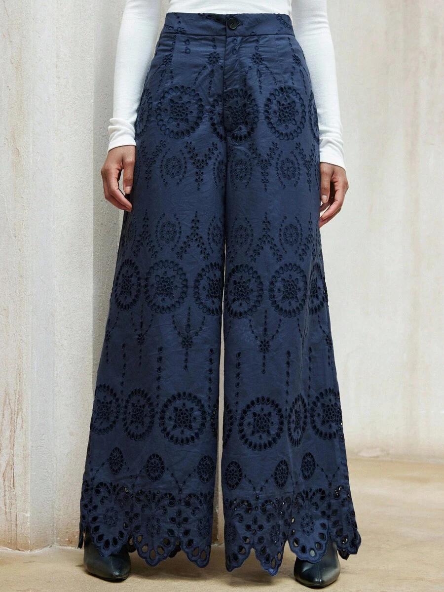 Aveloria Modichic Pantalon blanc ample à taille haute et brodé pour femmes, été - Bleu marine - Voir 1