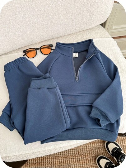 SHEIN Set 2 buc. Hanorac periat îngroșat pentru băieți, cu guler înalt și buzunare și pantaloni de culoare uni, trening de iarnă