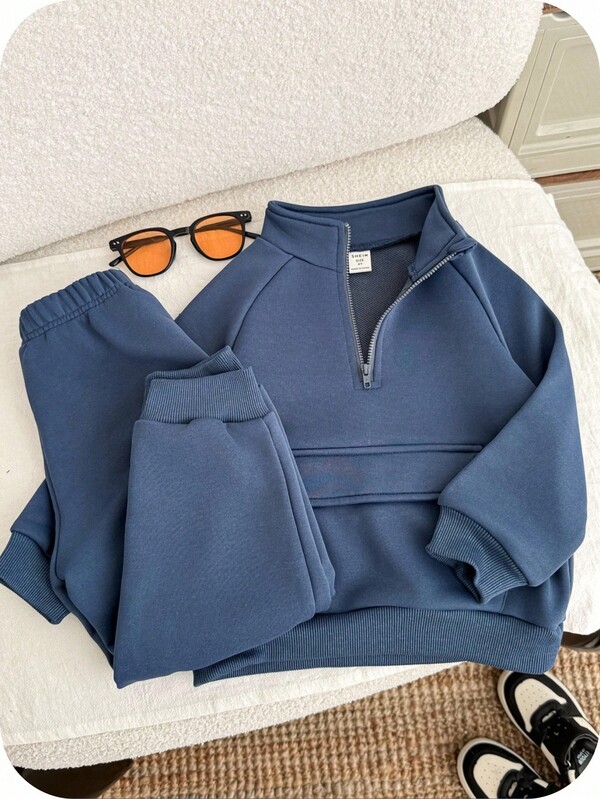 SHEIN 2 pièces/Set Sweat-shirt-shirt épais brossé avec col montant et poches et pantalon de couleur unie pour jeunes garçons, Survêtement d'hiver
