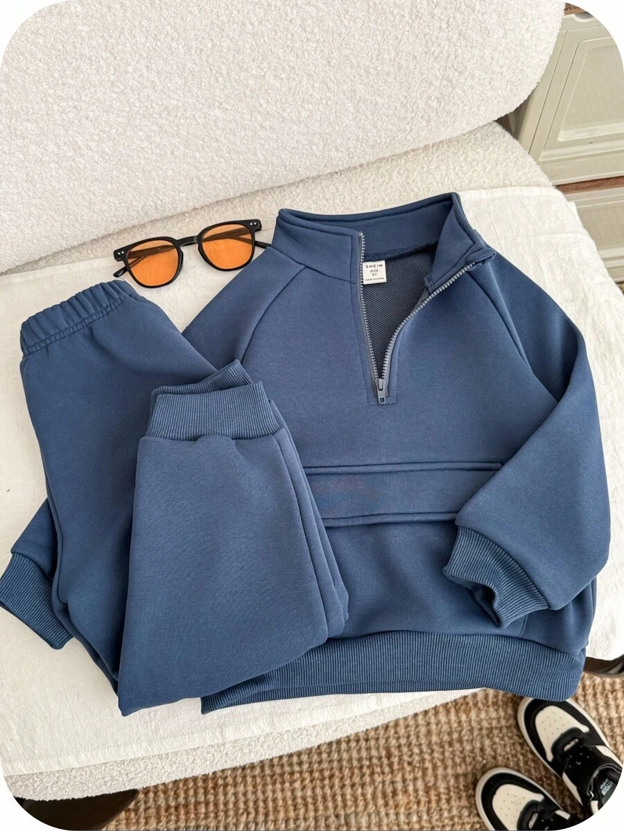SHEIN 2pcs/Set Young Boys' Brushed Thickened Sweatshirt With Stand Collar & Pockets And Solid Color Pants, Winter Tracksuit Fall - Blue - View 1