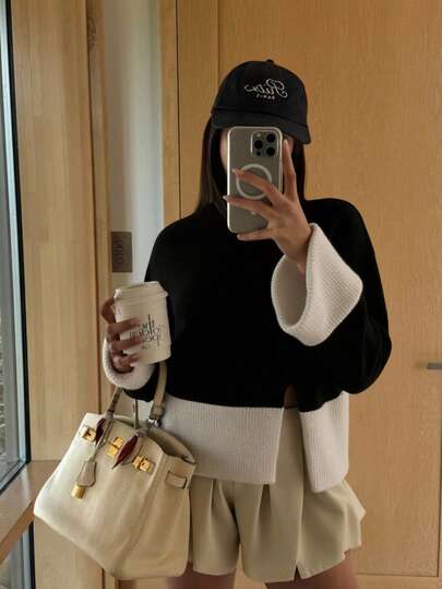 EURMUSE Women Flare Sleeve Rib Knit Black And White Sweater Pullover Black Sweater Puff Sleeve Winter Clothes For Women Sweaters Two Tone Sweater Color Block Sweater Old Money Style Women  Cute Tops Women Teacher Outfits For Women Fall Women Clothes,Jumper,Cream Jumper,Jumpers,Christmas Jumper,Ladies Jumper,Women's Jumpers