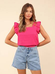 Coeurva Ladies' Solid Color Texture Fabric Ruffle Decorated Square Neckline Shirt Summer Clothes - Hot Pink - View 3
