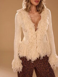 SHEIN BAE Áo khoác cardigan tua rua tay loe màu trơn dành cho nữ - Màu be - Xem 9