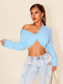 SHEIN Foxxy Women's Short Knitted Cardigan, New Arrival For Winter Fall Cloth For Women - Blue - View 1