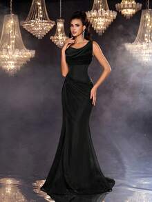 Glamrae Váy dạ hội trang trọng xếp ly vải kaki tối giản, viền voan mỏng - màu đen - Xem 6