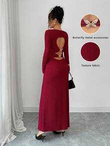 Rafferiza Elegant Burgundy Autumn Party Dress For Women,Slim-Fit Long Sleeve Back Hollow Metal Accessories Banquet Dinner Date Dress,Ladies Fashionable Outfit - Red - View 2