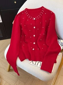 Franclia Elegant Loose Fit Round Neck Long Sleeve Knitted Pearl Beaded Design Pearl Button Front Cardigan For Women, Autumn/Winter Christmas