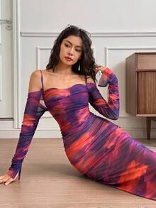 EastFlair 女士时尚性感扎染印花露肩细肩带连衣裙 - 彩色 - 查看 5