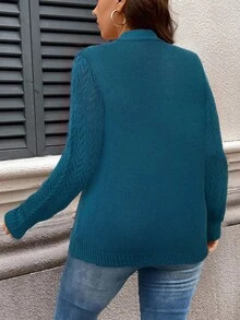 SHEIN LUNE Plus Size Women Hollow Out Long Sleeve Open Front Casual Knit Cardigan, Autumn Winter - Cadet Blue - View 2
