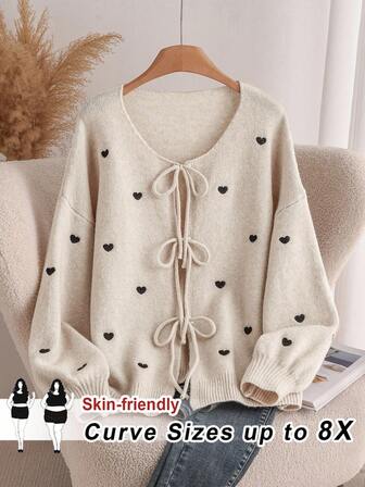 SHEIN CURVE+ Plus Size Women's Heart Shape Knitted Cardigan, French Elegant Fashion Sweater Outwear, Autumn/Winter, Off-Season Fall
