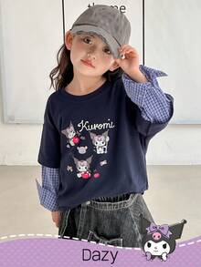 DAZY HELLO KITTY AND FRIENDS | SHEIN 小女孩圆领针织卡通印花格子拼布长袖T恤，秋季 - 藍色 - 查看 1