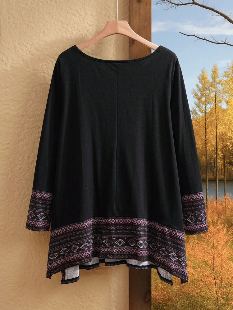 Plus Size Women's Holiday Patchwork Geometric Printed Round Neck Long Sleeve Casual T-Shirt,Spring/Summer/Vacation