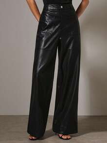 COSMINA Women's Fashion Versatile Commuter PU Wide Leg Pants In Fall/Winter - Black - View 1