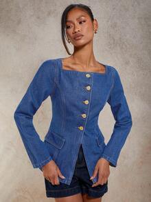 COSMINA Chemisier en denim à manches longues, col carré, simple boutonnage, pour femmes