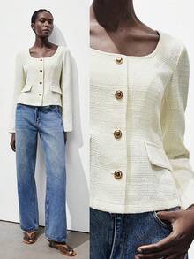 Lumivelle Elegant Commuter Solid Color Front Button Long Sleeve Jacket, Autumn Casual Spring For University Fall Winter - Apricot - View 1