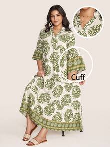 SHEIN LUNE 女式大码佩斯利印花缺口领连衣裙新年女装 - 綠色 - 查看 1