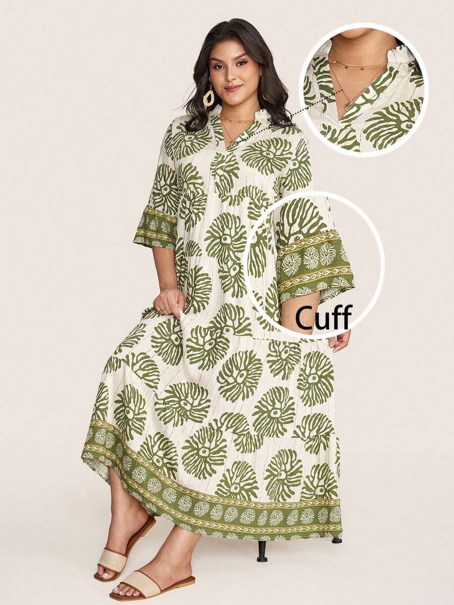 SHEIN LUNE 女式大码佩斯利印花缺口领连衣裙新年女装 - 綠色 - 查看 1