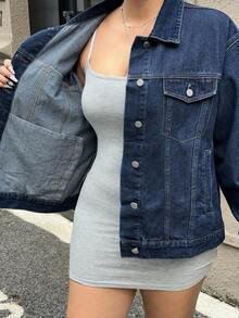 Dazy Plus 大码女式深水洗蓝色宽松翻领长袖休闲外套，春秋夹克