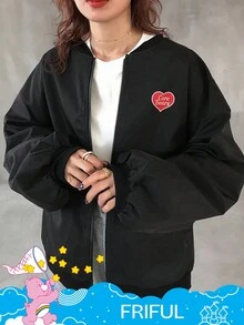 FRIFUL SHEIN X Care Bears 女士休闲时尚街头卡通熊印花落肩宽松夹克 - 黑色 - 查看 2