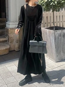 FRIFUL 女士天鹅绒无袖拼接宽松直筒长连衣裙，秋季 - 黑色 - 查看 5