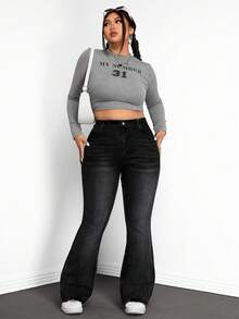 SHEIN CURVE+ 大码休闲水洗修身喇叭牛仔裤 - 黑色 - 查看 7