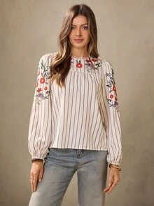 Wildy 新款秋季刺绣美式乡村休闲花卉条纹印花圆领长袖教师工作衬衫，牛仔西部衬衫 - 彩色 - 查看 7