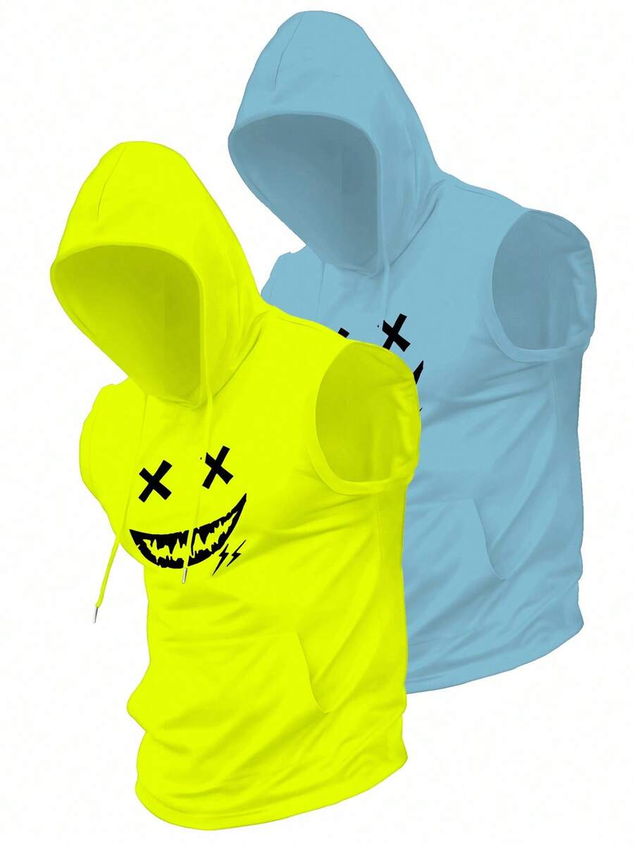 Manfinity LEGND 2pcs Men's Summer Casual Fashionable Street Cartoon Pattern Drawstring Pocket Hooded Tank Top, Holiday - Multicolor - View 1