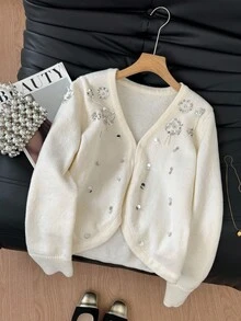 SHEIN Frenchy Women's Pearl & Rhinestone Embellished Long Sleeve Cardigan Autumn Winter Clothes For Women Casual - Apricot - View 1