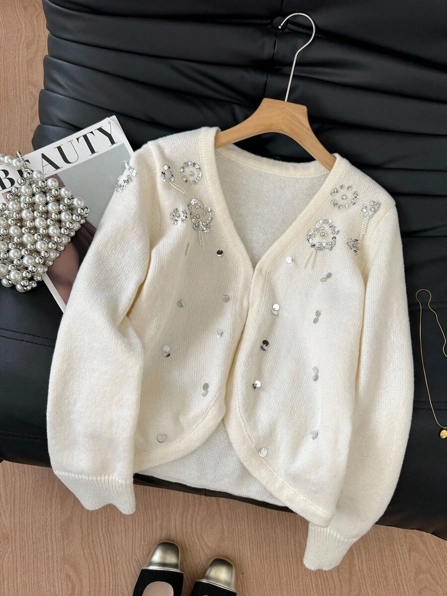 SHEIN Frenchy Women's Pearl & Rhinestone Embellished Long Sleeve Cardigan Autumn Winter Clothes For Women Casual - Apricot - View 1