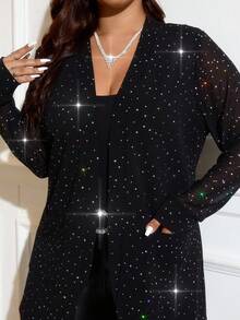 SHEIN Clasi Manteau ample noir à manches longues brillant avec poche diamant pour femmes rondes, confortable, doux et brillant. Top élégant et romantique en tissu mesh argenté brillant et noir pailleté, adapté à l'automne et à de multiples occasions, chic, pour soirée, Noël
