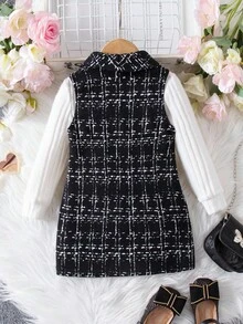 SHEIN Babygirl 优雅针织黑色格子连衣裙和汗衫套装 - 黑與白 - 查看 2