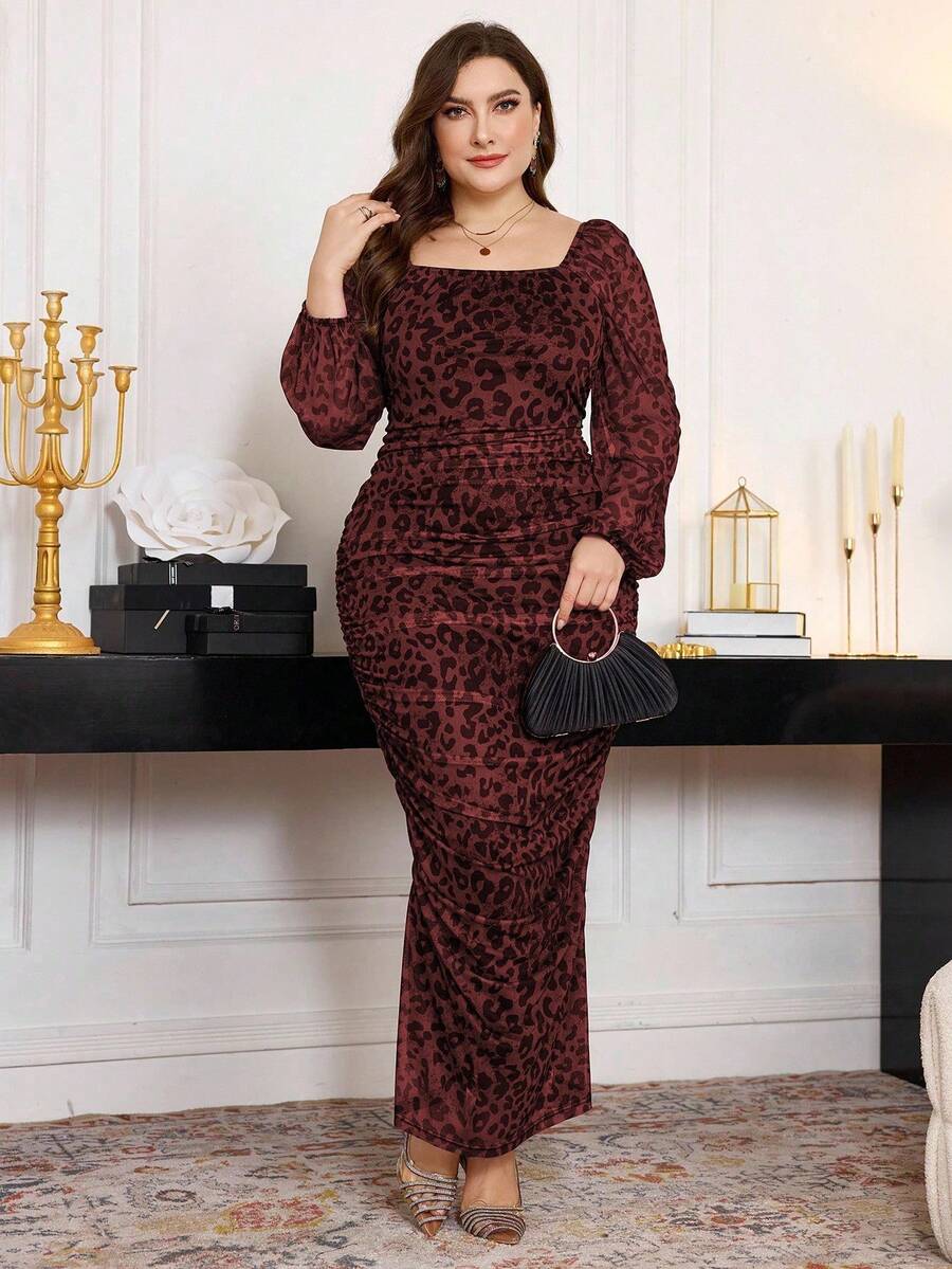 Modelyn 加大码女式方领荷叶边弹力网眼豹纹灯笼袖修身紧身中长连衣裙女式长款晚礼服 - 彩色 - 查看 1