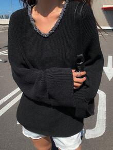 Livesso Women's Loose V-Neck Long Sleeve Casual Elegant Patchwork Lace Knit Sweater, Autumn/Winter - Black - View 1