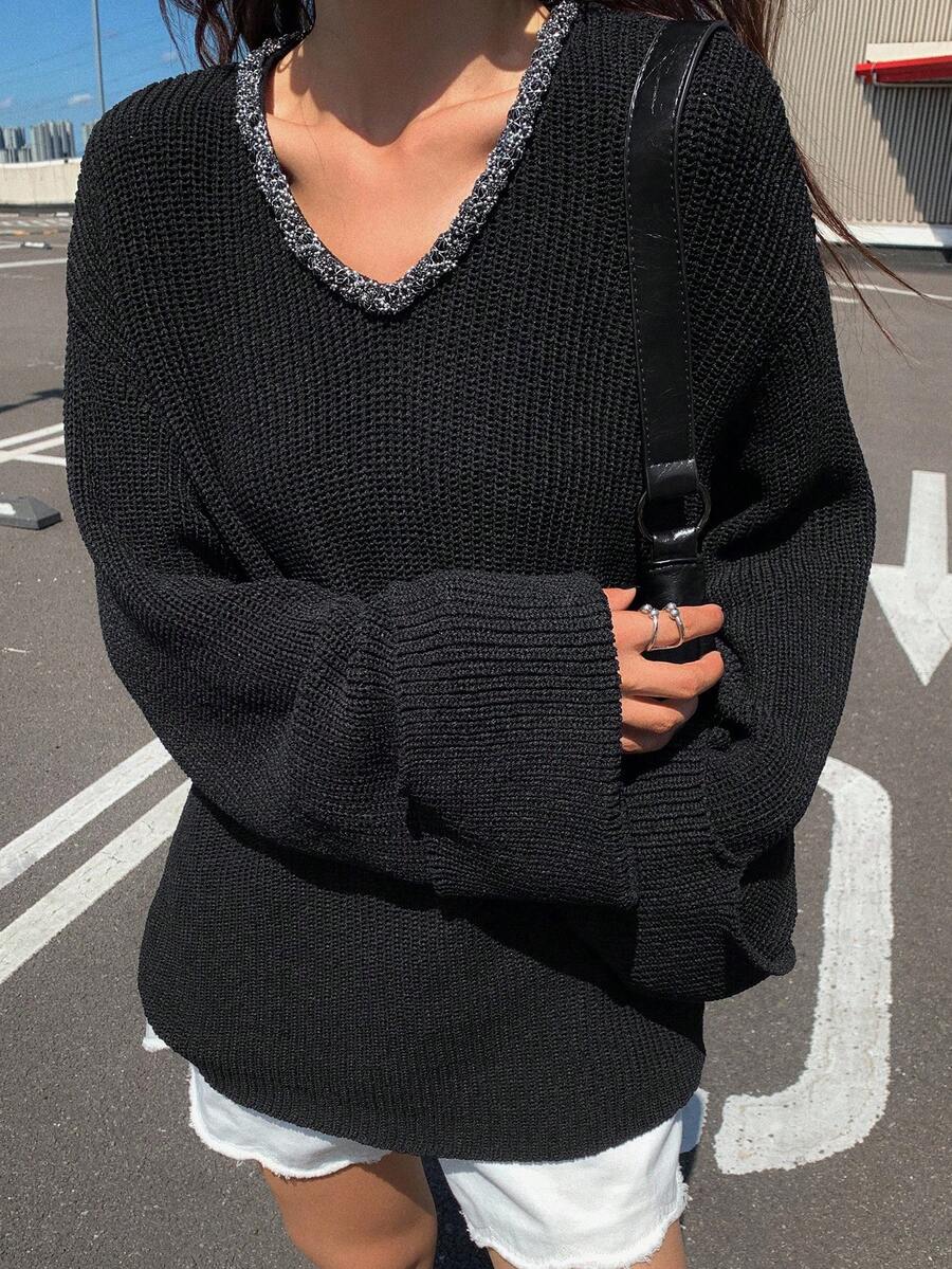 Livesso Women's Loose V-Neck Long Sleeve Casual Elegant Patchwork Lace Knit Sweater, Autumn/Winter - Black - View 1