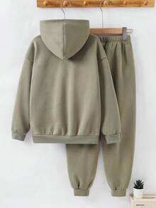 2 件儿童/青少年男童休闲日常舒适压花连帽衫和宽松运动裤套装，适合学校、花园、海滩、生日、春夏秋冬 - 綠色 - 查看 3