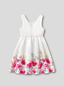 SHEIN 1pc Tween Girls Elegant Pink Rose And Butterfly Pattern Sleeveless Dress, Suitable For Wedding, Party, Outdoor, Picnic, Summer - Multicolor - View 2
