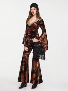 ROMWE EDITION Damen Vintage Blumen Allover-Muster Kontrast Spitze Glockenärmel V-Ausschnitt figurbetontes Samt Top, Halloween Hexen Thema, Herbst/Winter - Verschiedenfarbig - Übersicht 11