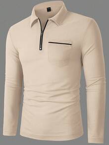 Manfinity Homme 男士休闲拉链长袖 Polo 衫，秋季，适合秋季 - 杏色 - 查看 3