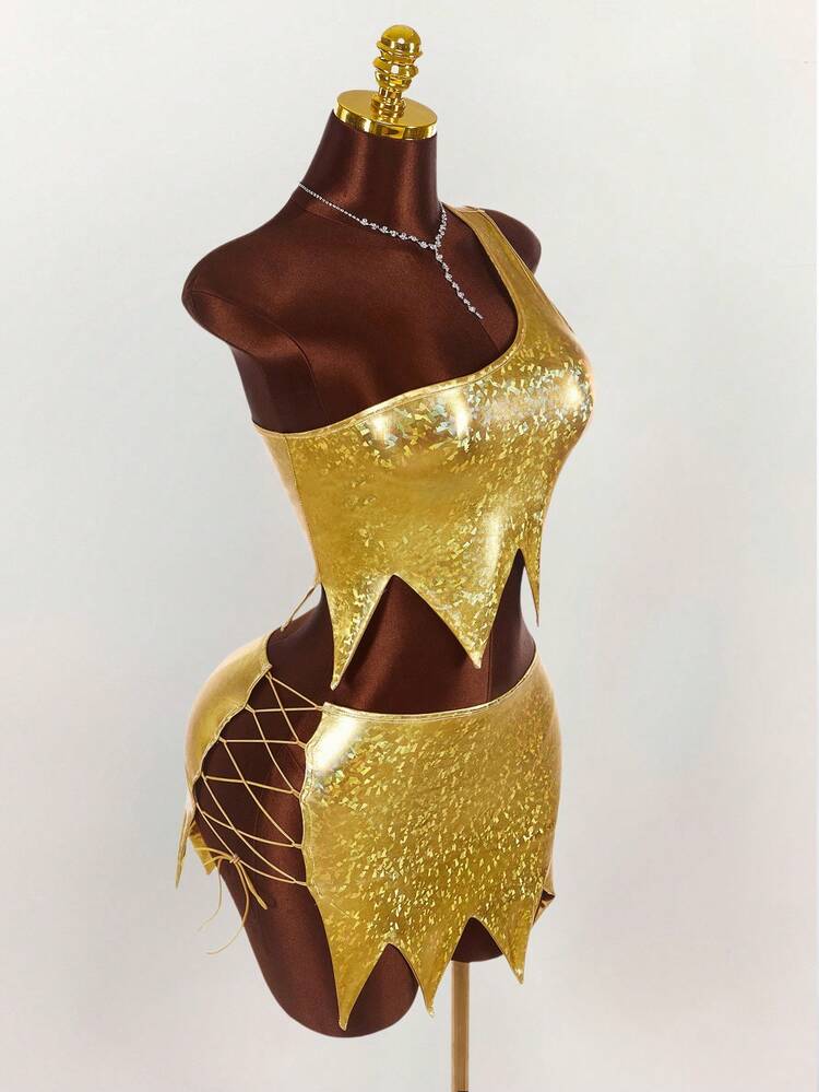 Amplova 1 套女式金属无袖不对称下摆上衣和迷你裙性感两件套服装 - 金色 - 查看 3